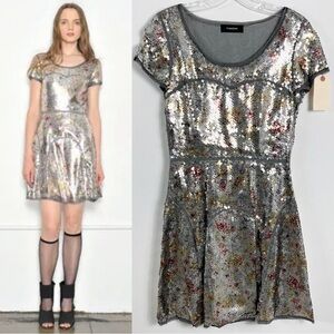 Thakoon Runway Metallic Floral Sequin Garter Mini Dress Silver Multi